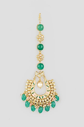 Gold Finish Green Beaded Maangtikka