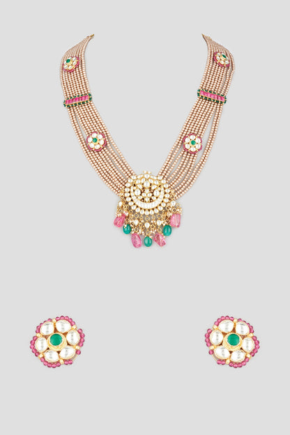 Gold Finish Kundan Polki & Glass Pearls Necklace Set
