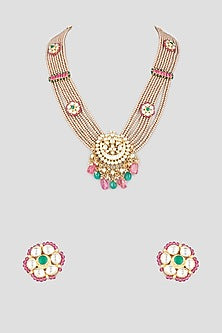 Gold Finish Kundan Polki & Glass Pearls Necklace Set