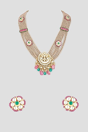 Gold Finish Kundan Polki & Glass Pearls Necklace Set