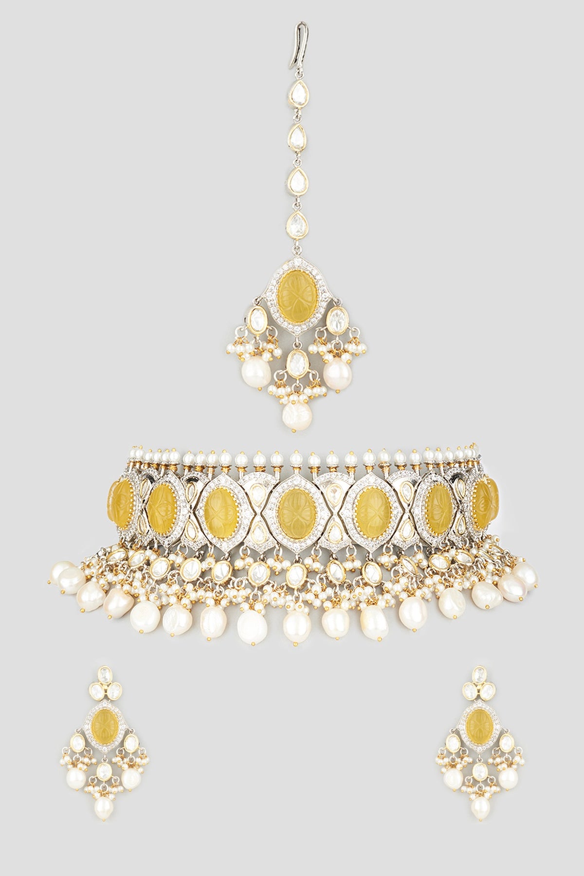 Two Tone Finish Shell Pearl & Zircons Necklace Set