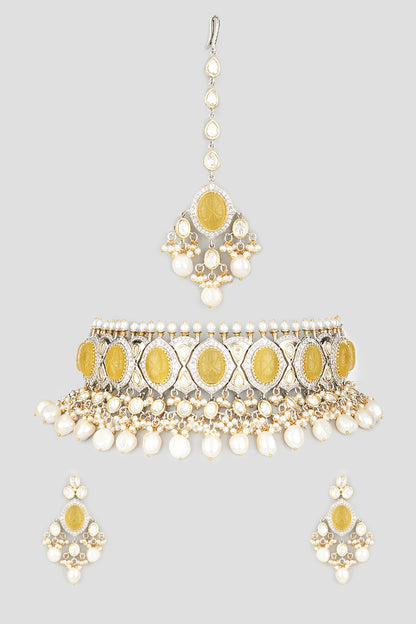 Two Tone Finish Shell Pearl & Zircons Necklace Set