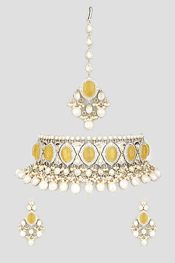 Two Tone Finish Shell Pearl & Zircons Necklace Set