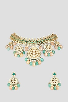Gold Finish Kundan Polki & Dyed Jade Necklace Set