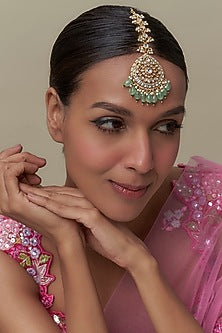 Gold Finish Kundan Polki & Green Stone Maangtikka