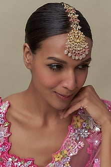Gold Finish Kundan Polki & Peach Stone Maangtikka