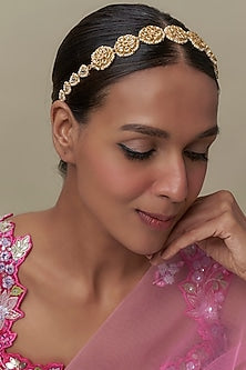 Gold Finish Kundan Polki & White Stone Mathapatti