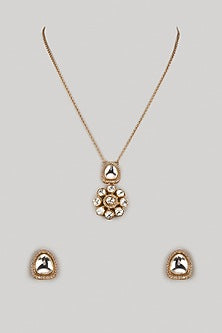 Gold Finish Kundan Polki & White Stone Long Necklace Set