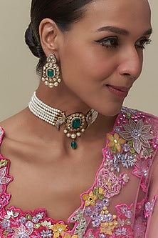 Gold Finish Kundan Polki & Green Stone Choker Necklace Set