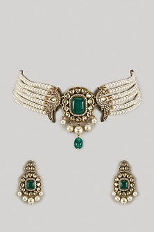 Gold Finish Kundan Polki & Green Stone Choker Necklace Set