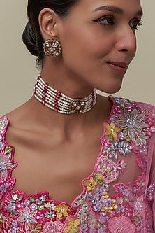 Gold Finish Kundan Polki & Red Stone Choker Necklace Set