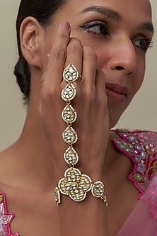 Gold Finish Kundan Polki & White Stone Hand Harness