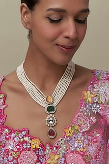 Gold Finish Kundan Polki & Multi-Colored Stone Necklace