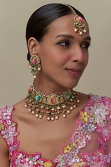 Gold Finish Kundan Polki & Multi-Colored Stone Choker Necklace Set