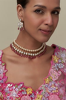 Gold Finish Kundan Polki & Red Stone Necklace Set