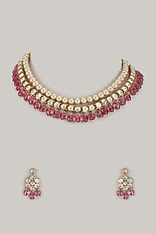 Gold Finish Kundan Polki & Red Stone Necklace Set
