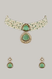 Gold Finish Kundan Polki & Green Stone Choker Necklace Set
