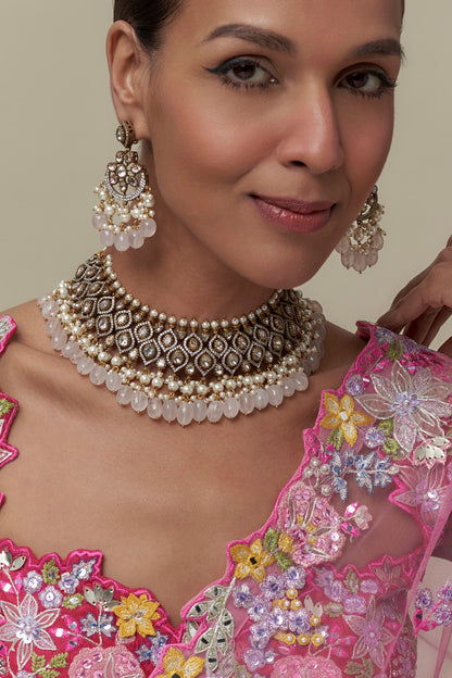 Gold Finish Kundan Polki & White Stone Necklace Set