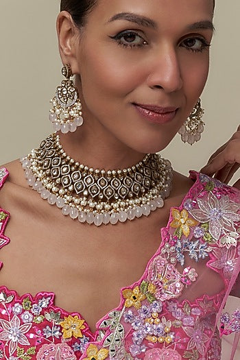 Gold Finish Kundan Polki & White Stone Necklace Set
