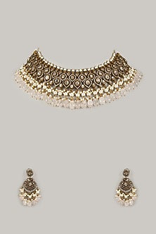 Gold Finish Kundan Polki & White Stone Necklace Set