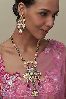 Gold Finish Kundan Polki & Multi-Colored Stone Long Necklace Set