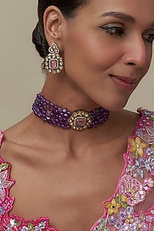 Gold Finish Kundan Polki & Purple Stone Choker Necklace Set