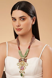 Gold Finish Red Kundan Polki & Semi-Precious Stone Necklace