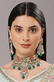 Gold Finish Multi-Colored Imitation Kundan Polki & Semi-Precious Stone Necklace Set