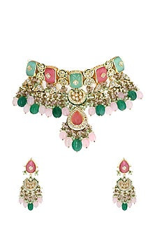 Gold Finish Multi-Colored Imitation Kundan Polki & Semi-Precious Stone Necklace Set