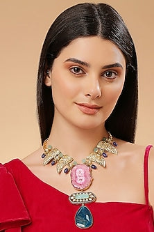 Gold Finish Blue Agate & Semi-Precious Stone Necklace