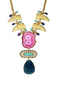 Gold Finish Blue Agate & Semi-Precious Stone Necklace