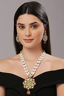 Two Tone Finish Yellow Imitation Kundan Polki & Semi-Precious Stone Necklace Set