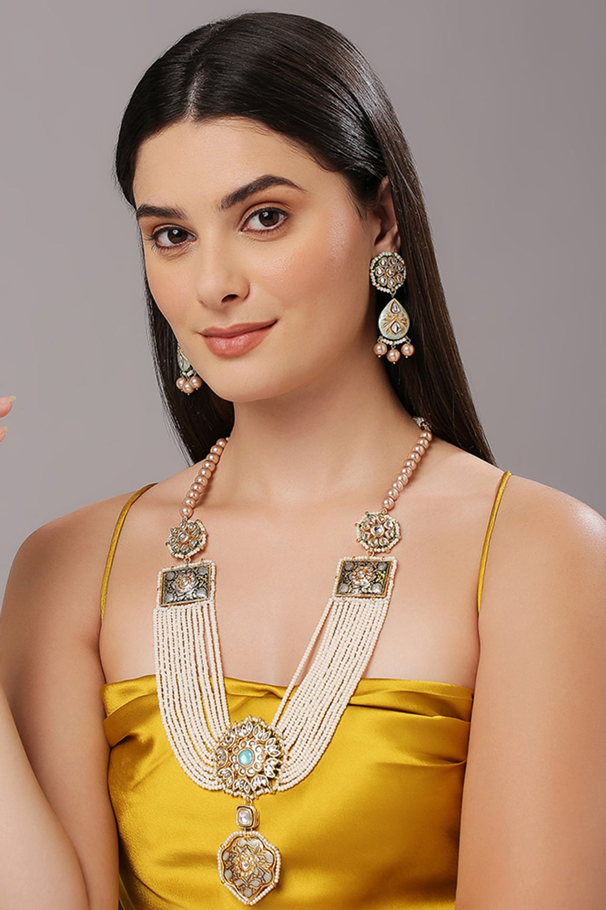 Gold Finish White Imitation Kundan Polki & Semi-Precious Stone Necklace Set