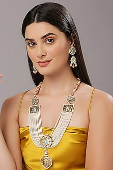 Gold Finish White Imitation Kundan Polki & Semi-Precious Stone Necklace Set