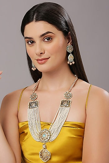 Gold Finish White Imitation Kundan Polki & Semi-Precious Stone Necklace Set