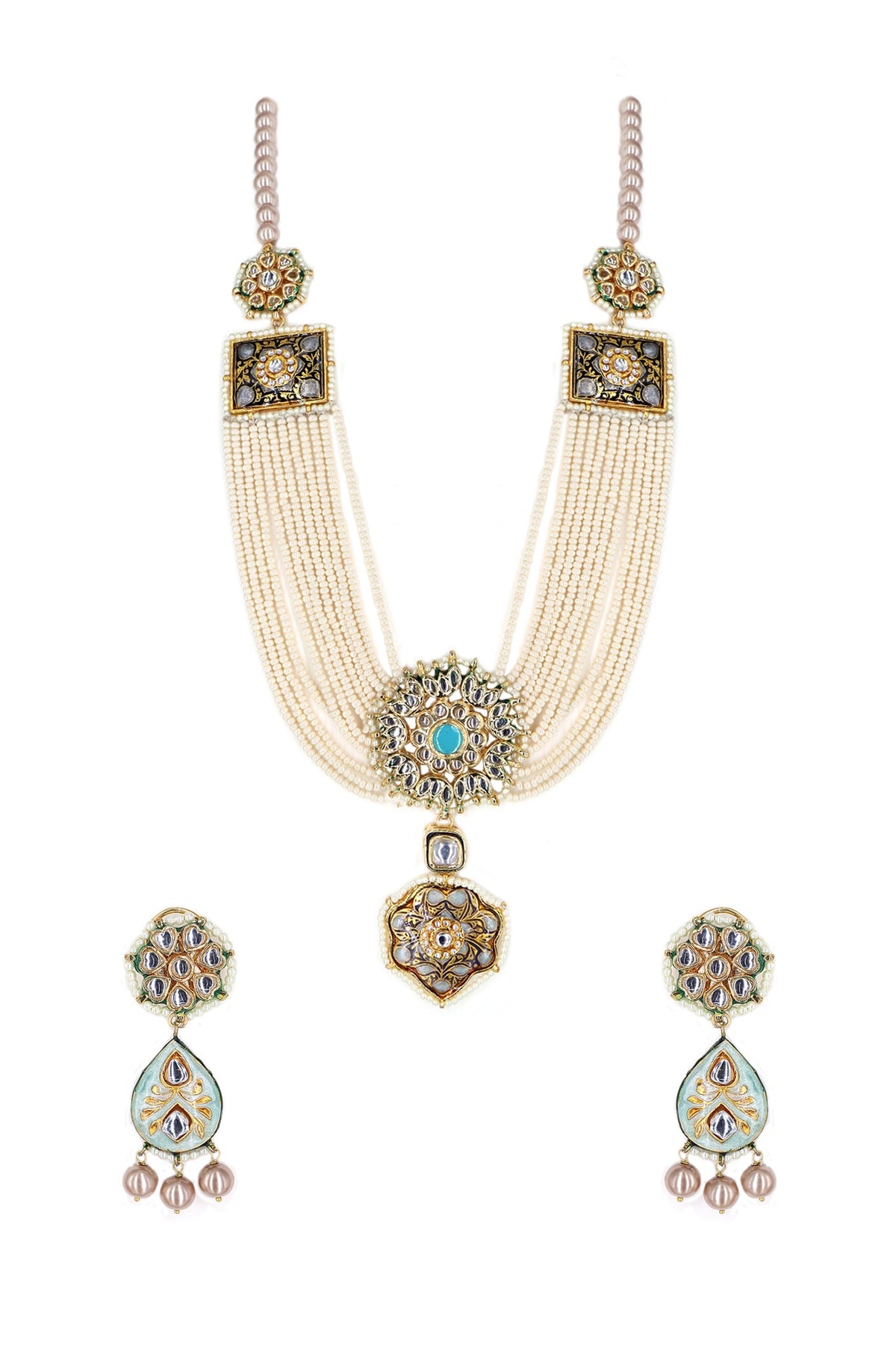 Gold Finish White Imitation Kundan Polki & Semi-Precious Stone Necklace Set