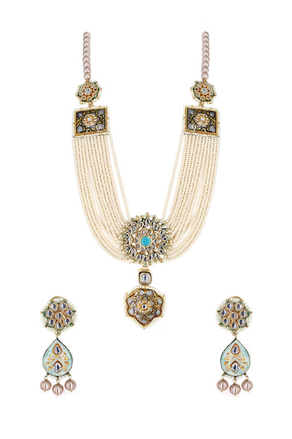 Gold Finish White Imitation Kundan Polki & Semi-Precious Stone Necklace Set