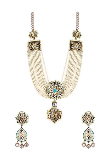 Gold Finish White Imitation Kundan Polki & Semi-Precious Stone Necklace Set