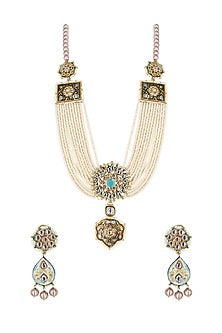 Gold Finish White Imitation Kundan Polki & Semi-Precious Stone Necklace Set