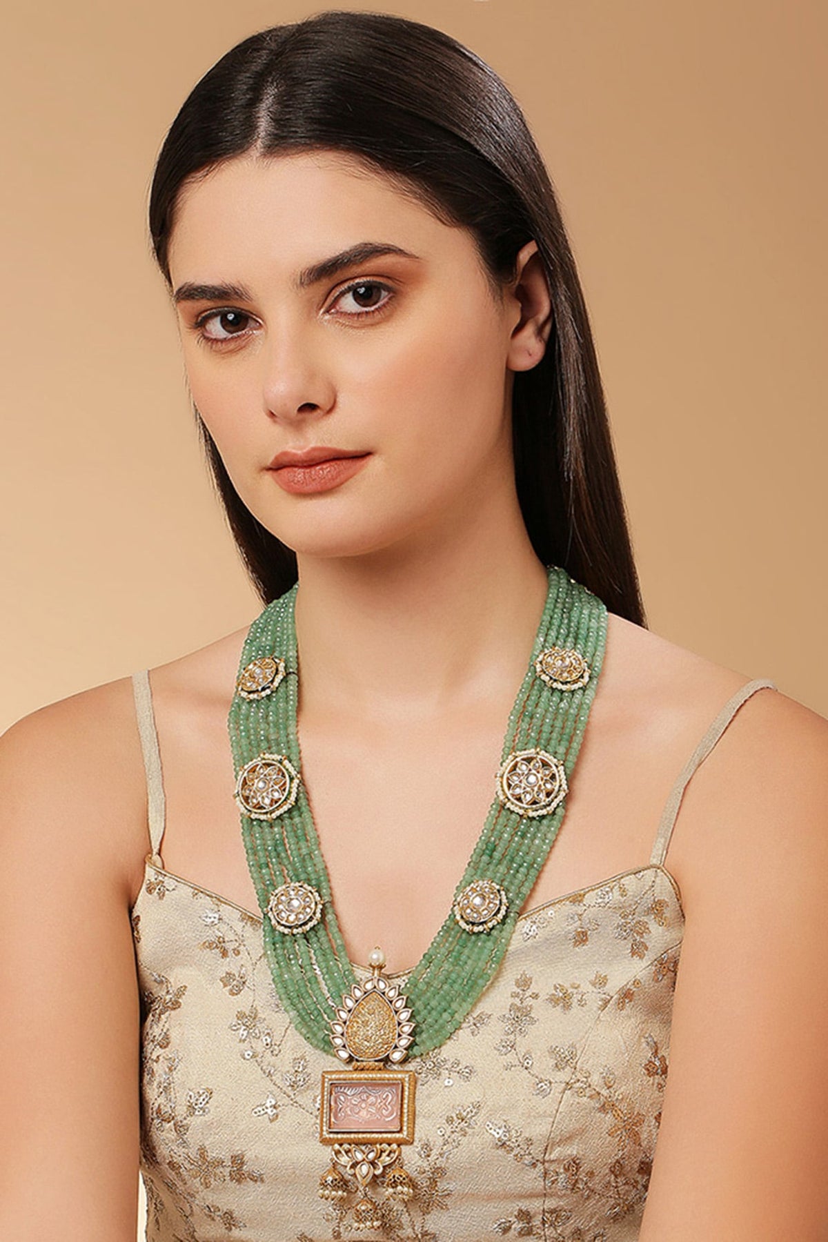 Gold Finish Green Kundan Polki & Semi-Precious Stone Necklace