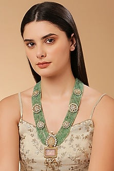Gold Finish Green Kundan Polki & Semi-Precious Stone Necklace