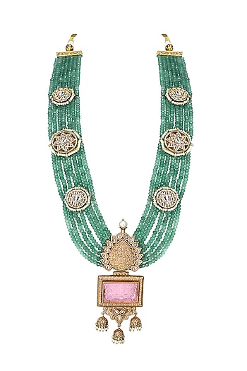 Gold Finish Green Kundan Polki & Semi-Precious Stone Necklace
