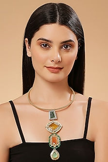 Gold Finish Multi-Colored Kundan Polki & Semi-Precious Stone Necklace