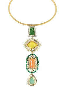 Gold Finish Multi-Colored Kundan Polki & Semi-Precious Stone Necklace