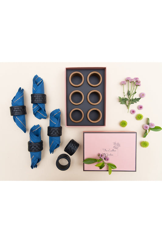 Black Leather Handcrafted Napkin Rings Set