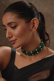White Rhodium Finish Emerald & Sapphire Beaded Choker Necklace