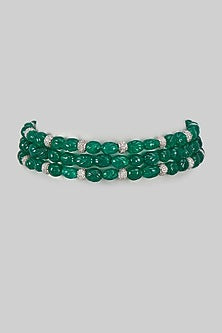 White Rhodium Finish Emerald & Sapphire Beaded Choker Necklace