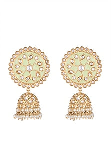 Gold Finish Shell Pearls & Kundan Mint Green Meenakari Earrings