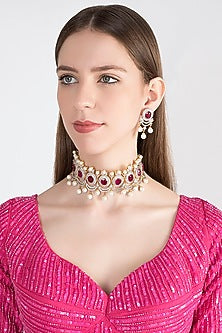 Gold Plated Ruby Choker Necklace Set