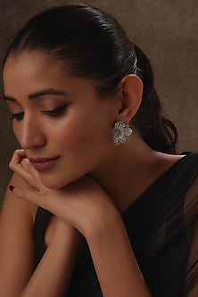 White Rhodium Finish Baroque Pearl & Sapphire Stud Earrings In Sterling Silver